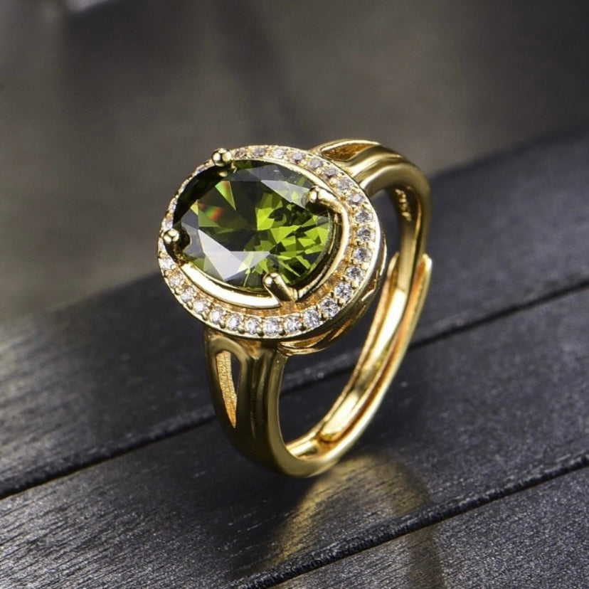 18K Gold Plated Adjustable Birthstone Crystal Green Peridot Ring for Women