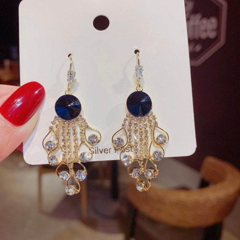 Women's Blue Crystal Tassel Dangle Drop Earrings
