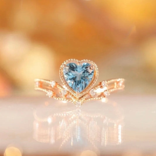 14K Rose Gold Plated Adjustable Blue Crystal Aquamarine Heart Ring for Women