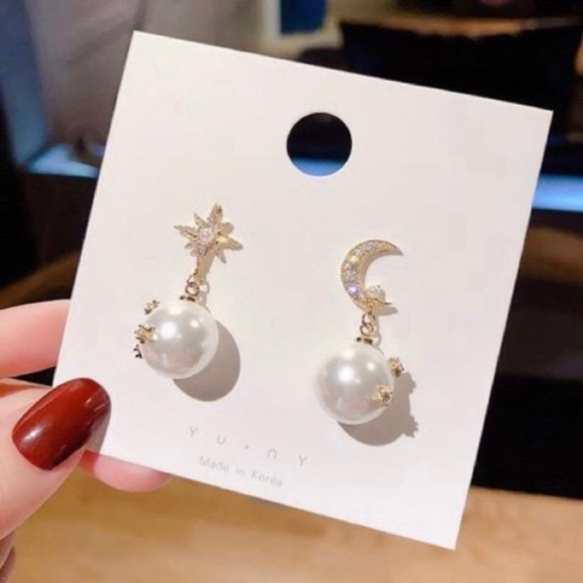 Moon Star Pearl Dangle Drop Earrings for Women