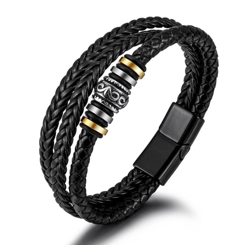 Stainless Steel Magnetic Clasp Multi Layer Braided Leather Bracelet for Men