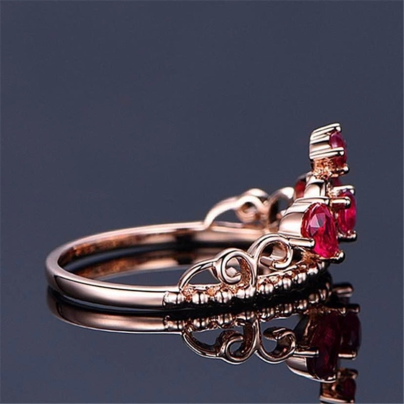 14K Rose Gold Plated Adjustable Red Crystal Ruby Crown Ring for Women