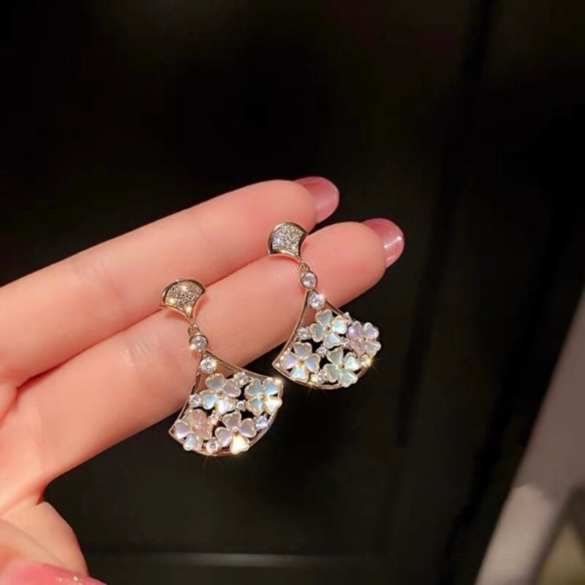 Crystal Flower Fan-Shaped Dangle Drop Earrings for Women