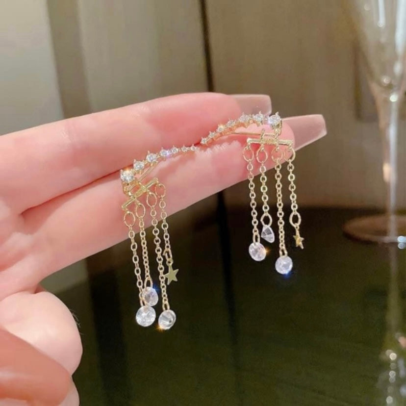 Women's Crystal Star Tassel Chain Dangle Drop Earrings