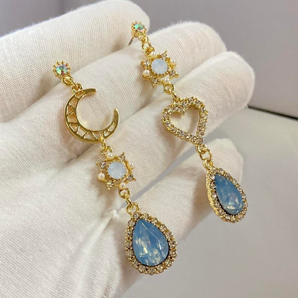 Blue Crystal Heart Moon Dangle Drop Earrings for Women