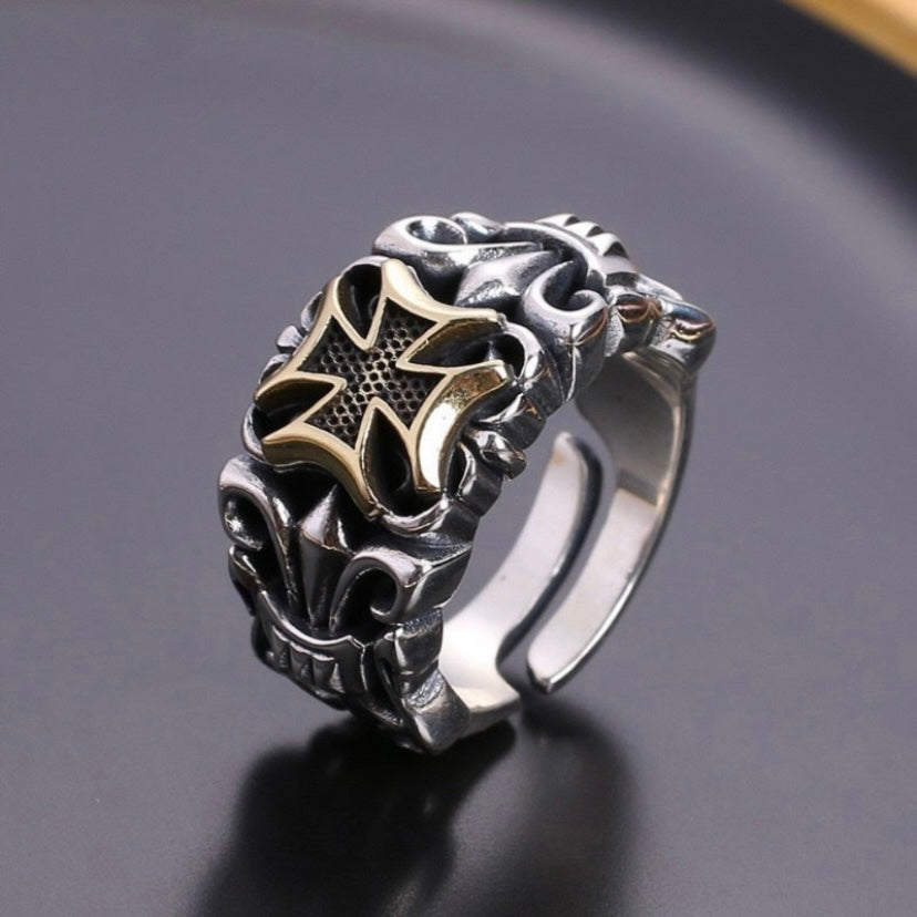 925 Silver Plated Adjustable Cross Ring for Men Women,Punk Hip Hop Ring