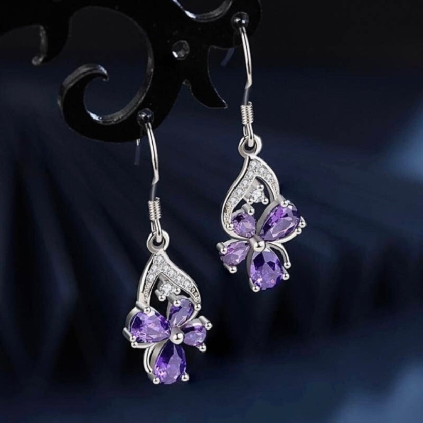 925 Silver Plated Purple Crystal Butterfly Drop Dangle Earrings for Women