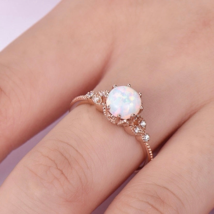 14K Rose Gold Plated Adjustable Round Opal Ring for Women