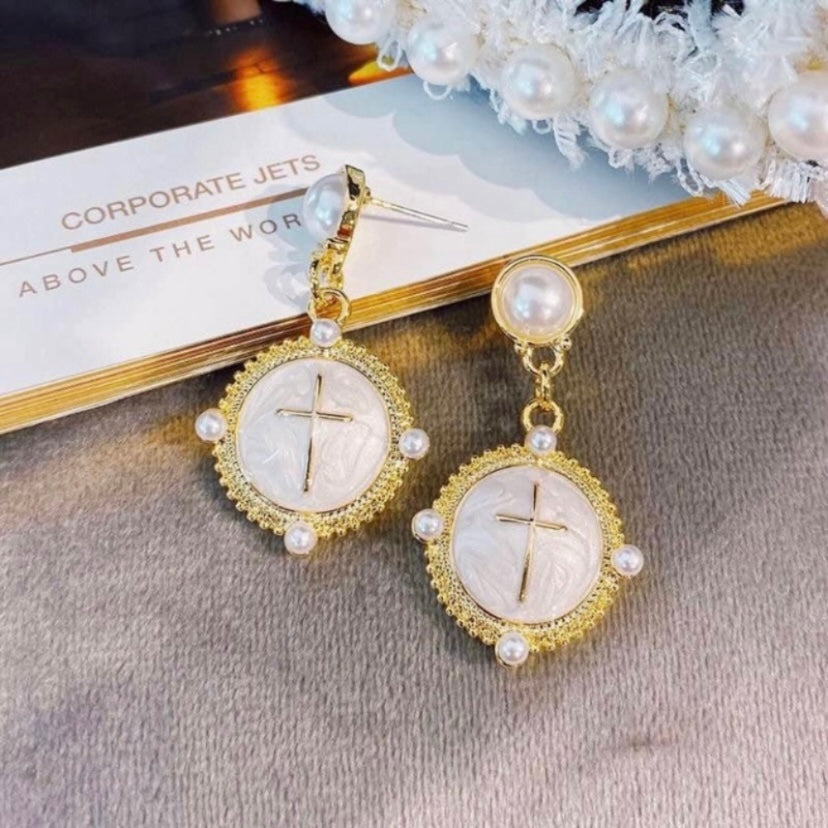 Pearl Cross Drop Dangle Earrings for Women