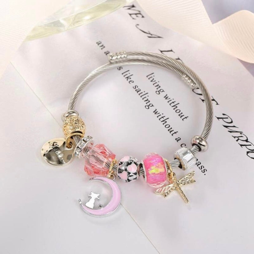 925 Silver Plated Cat Moon Charm Bracelet for Women