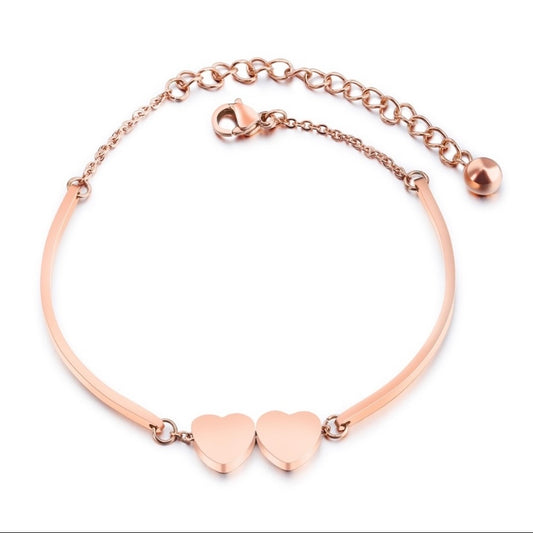 14K Rose Gold Plated Double Love Heart Charm Bracelet for Women