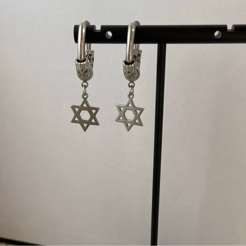 Titanium Steel Six Point Star Dangle Drop Earrings for Men Women