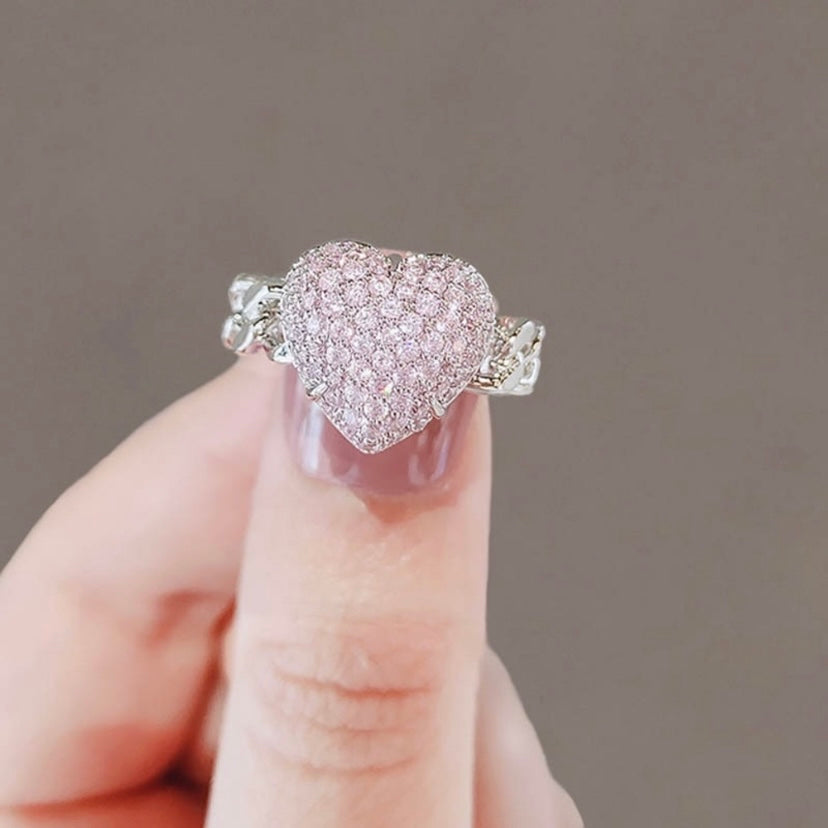 925 Silver Plated Adjustable Pink Heart Open Ring for Women,Love Heart Rings