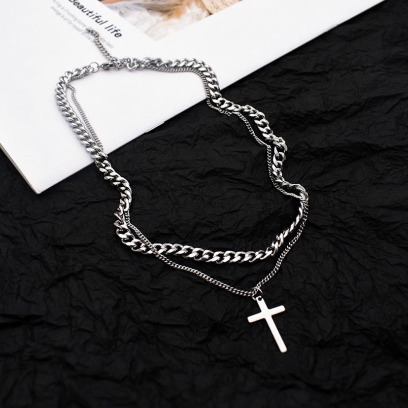 Titanium Steel Layered Cross Pendant Necklace for Men Women,Cross Necklace