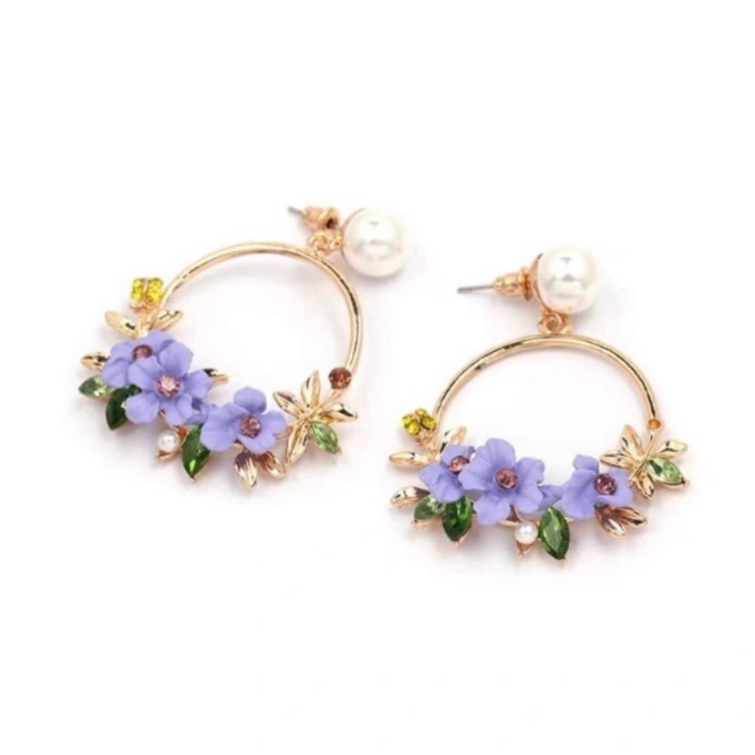 Purple Crystal Flower Dangle Drop Earrings for Women