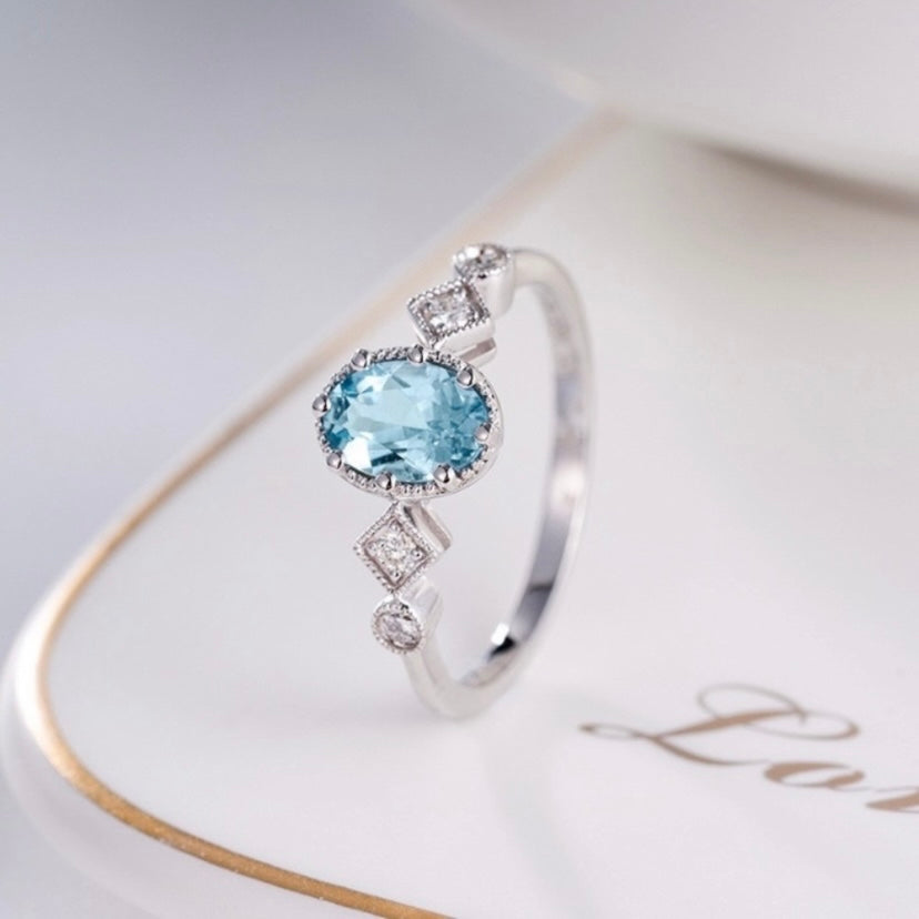 18K White Gold Plated Adjustable Blue Crystal Aquamarine Sapphire Ring for Women