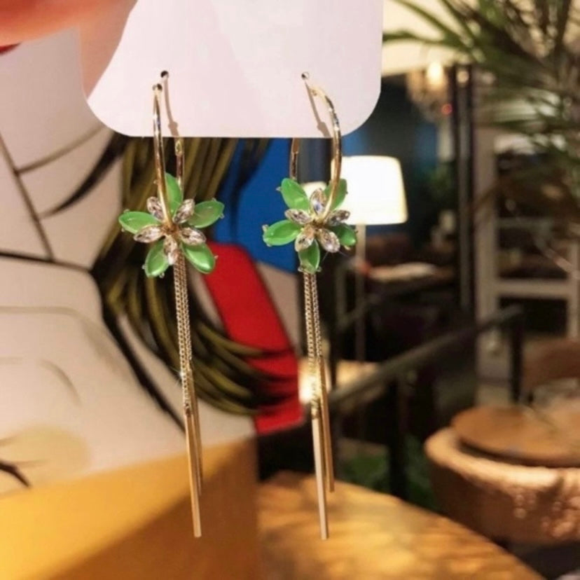 Green Crystal Flower Dangle Drop Earrings for Women