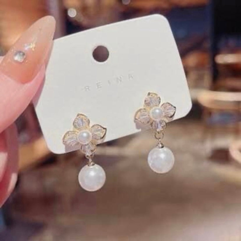Crystal Flower Pearl Drop Dangle Earrings for Women