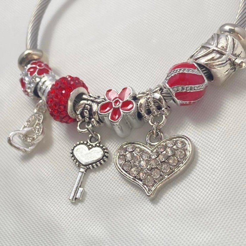 925 Silver Plated Crystal Love Heart Key Charm Bracelet for Women