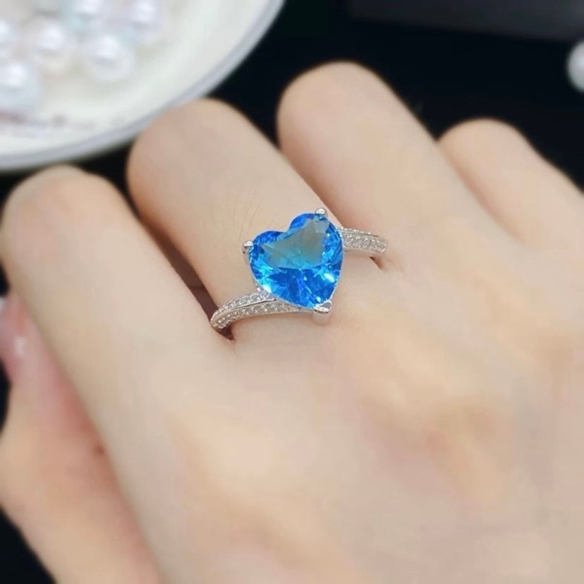 18K White Gold Plated Birthstone Blue Crystal Sapphire Love Heart Ring for Women