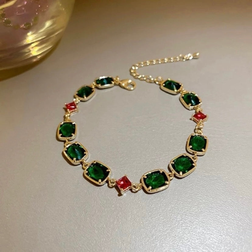 18K Gold Plated Adjustable Green Crystal Emerald Charm Bracelet for Women