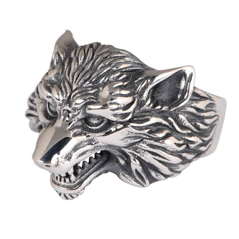 925 Silver Plated Adjustable Wolf Head Ring for Men Women,Punk Hip Hop Ring