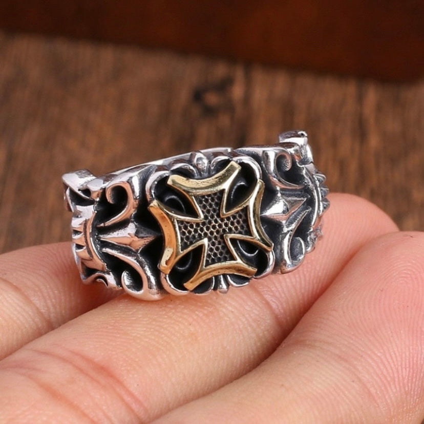 925 Silver Plated Adjustable Cross Ring for Men Women,Punk Hip Hop Ring