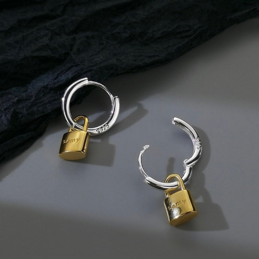 Titanium Steel Gold Lock Dangle Drop Earrings for Men Women