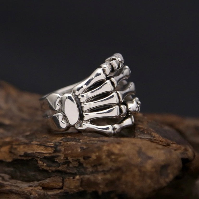 925 Silver Plated Adjustable Skull Hand Ring for Men Women,Punk Hip Hop Ring