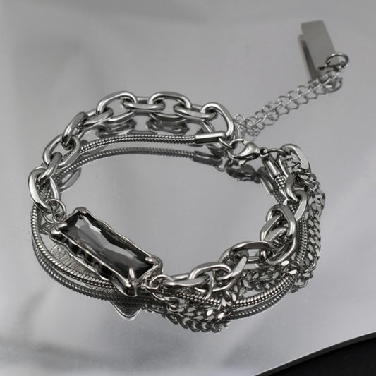 Titanium Steel Layered Black Crystal Charm Bracelet for Men Women