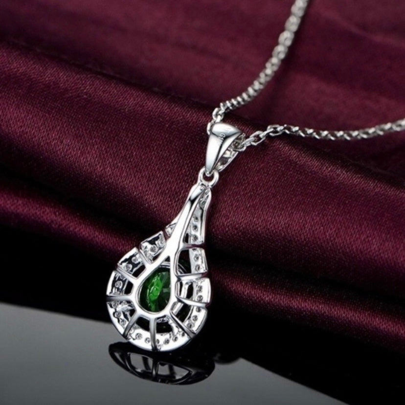 18K White Gold Plated CZ Cubic Zirconia Emerald Pendant Necklace for Women