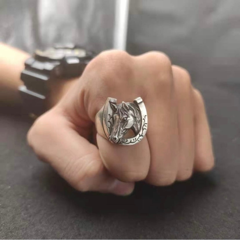 925 Silver Plated Adjustable Horse Ring for Men Women,Punk Hip Hop Ring