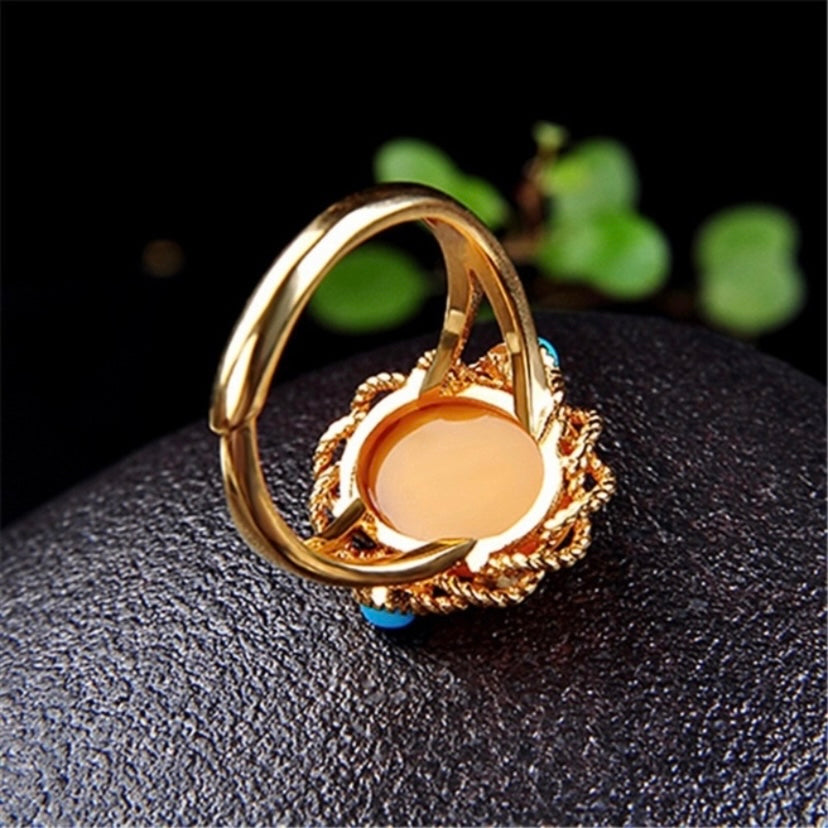 18K Gold Plated Adjustable Amber Blue Turquoise Ring for Women