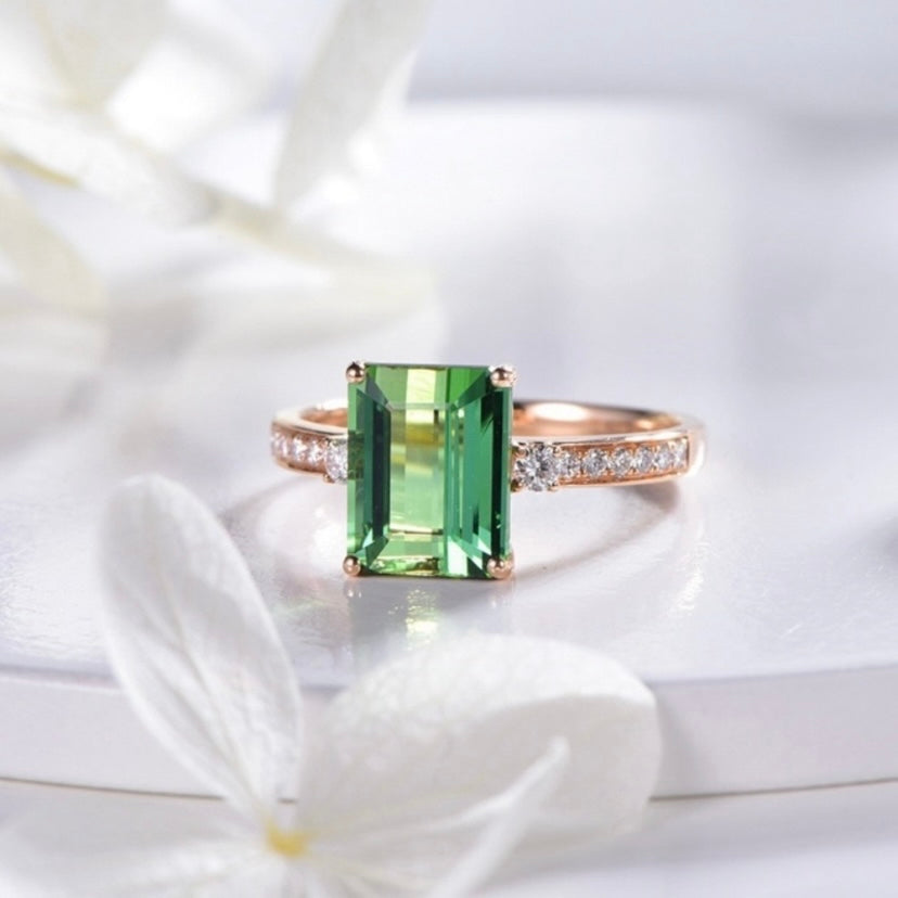14K Rose Gold Plated Adjustable Green Crystal Emerald Ring for Women