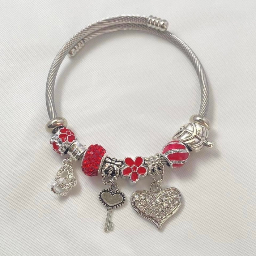 925 Silver Plated Crystal Love Heart Key Charm Bracelet for Women