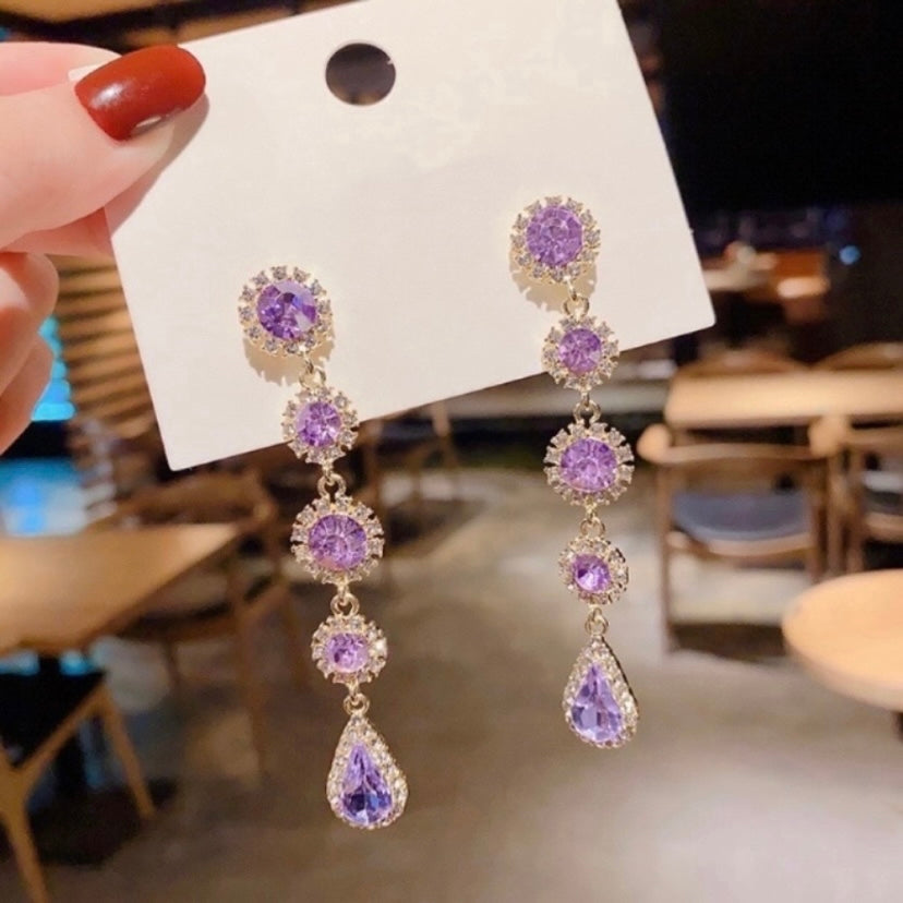 Women's Purple Crystal Teardrop Long Dangle Drop Earrings