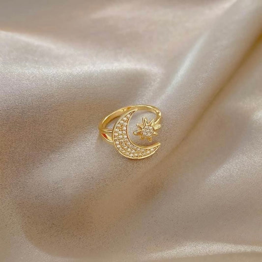 18K Gold Plated Adjustable Moon Star Ring for Women