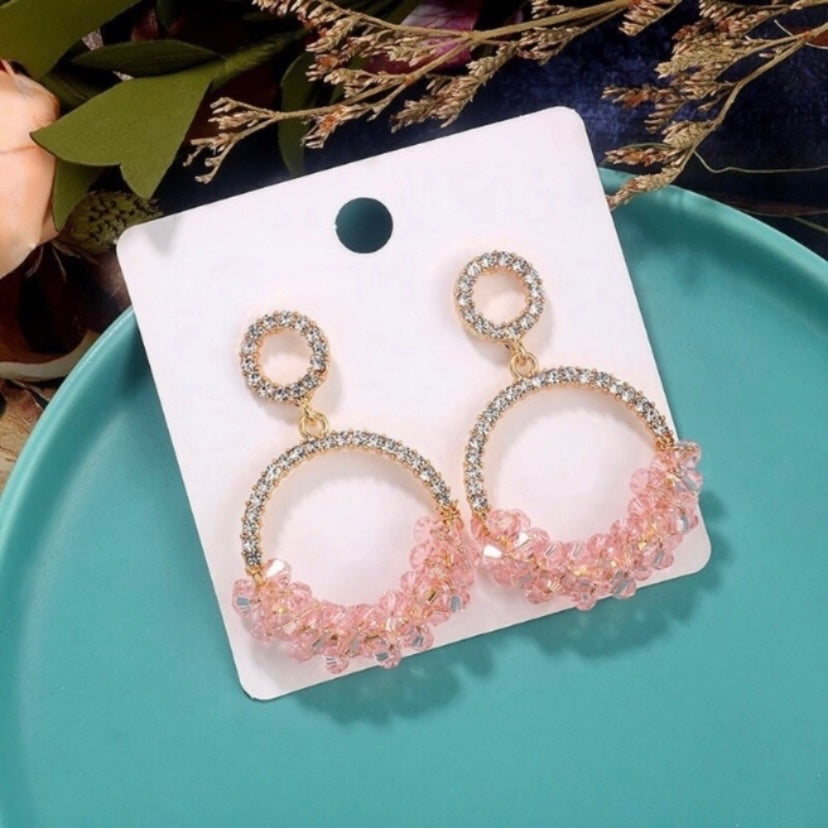 CZ Cubic Zirconia Pink Crystal Dangle Drop Hoop Earrings for Women