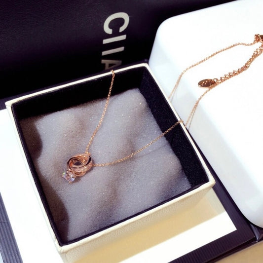 14K Rose Gold Plated Double Rings Pendant Necklace for Women