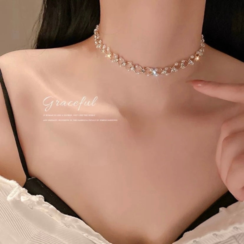 18K Gold Plated Crystal White Pearl Choker Necklace for Women