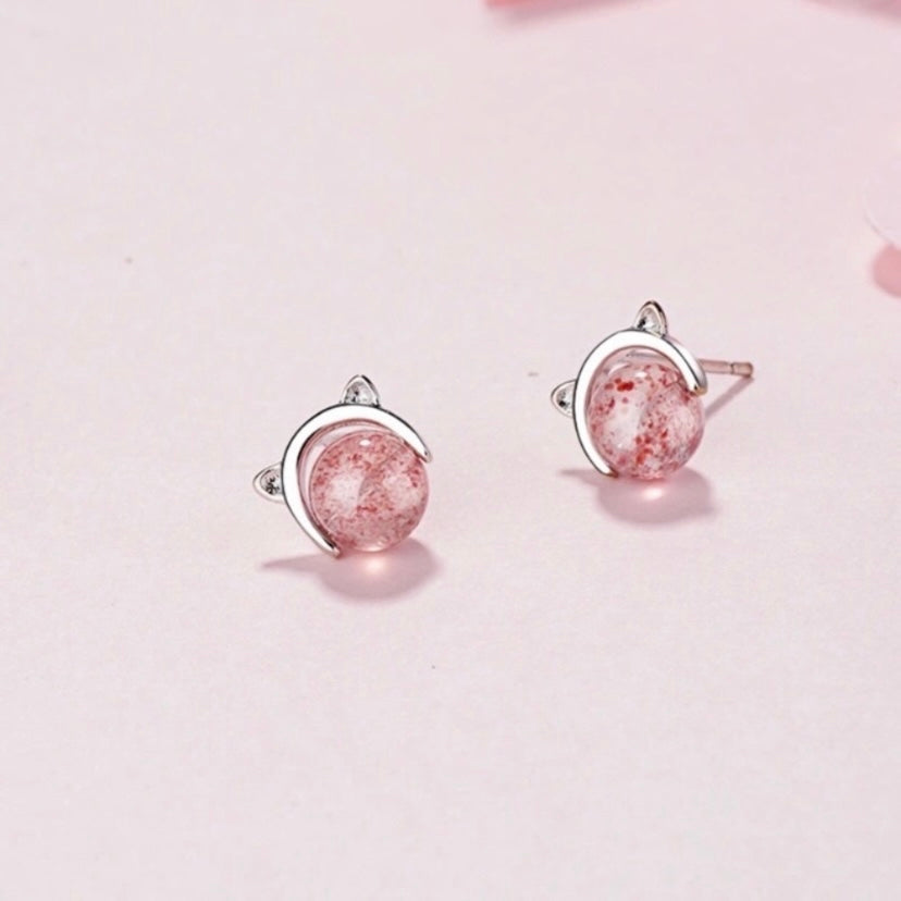 Cute Tiny Pink Crystal Cat Stud Earrings for Women