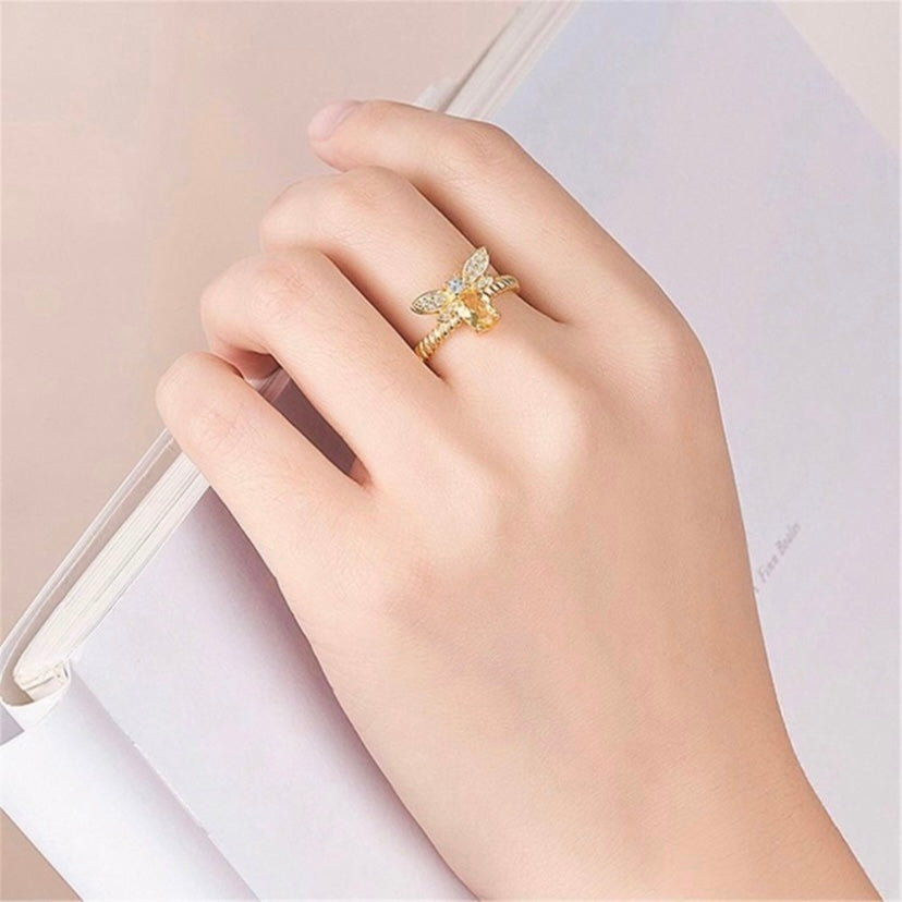 18K Gold Plated Adjustable Yellow Crystsl Honey Bee Ring for Women