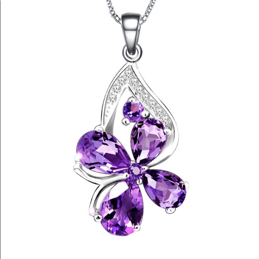 Women's Purple Crystal Butterfly Pendant Necklace