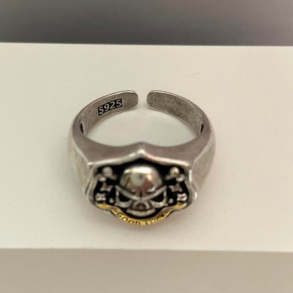 925 Silver Plated Adjustable Lucky Skull Ring for Men Women,Punk Hip Hop Ring
