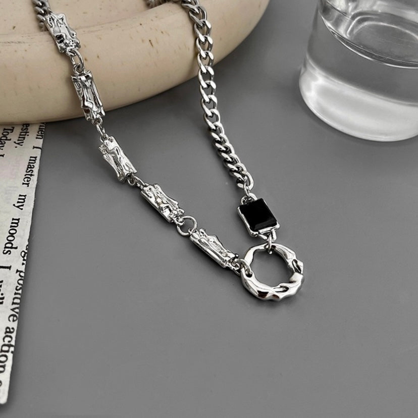 Titanium Steel Artificial Black Gem Ring Pendant Necklace for Men Women