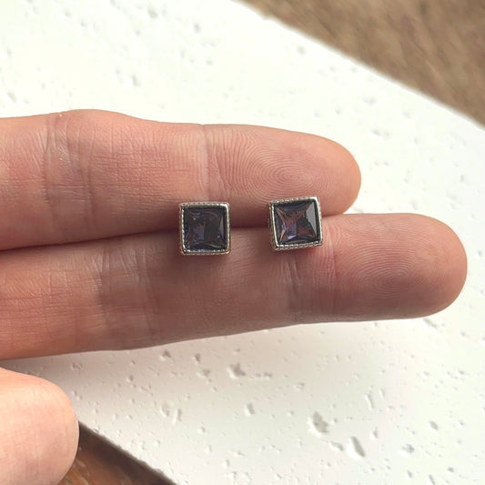 925 Silver Plated Purple Stone Geometric Square Stud Earrings for Men Women