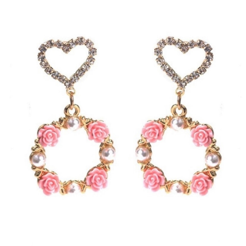 Love Heart Pink Flower Pearl Drop Hoop Earrings