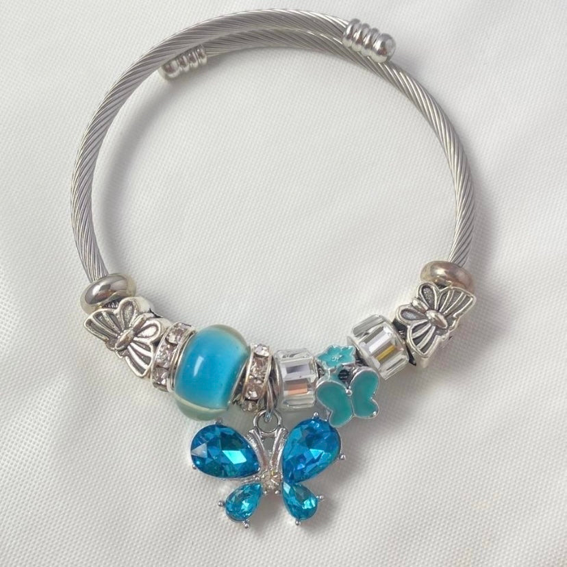 925 Silver Plated Blue Butterfly Charm Bracelet for Women