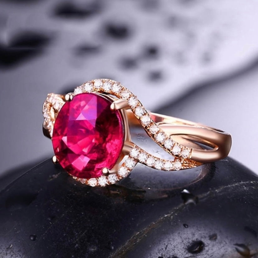 14K Rose Gold Plated Adjustable Birthstone Red Crystal Ruby Ring for Women