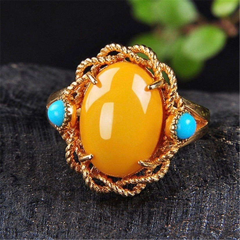 18K Gold Plated Adjustable Amber Blue Turquoise Ring for Women